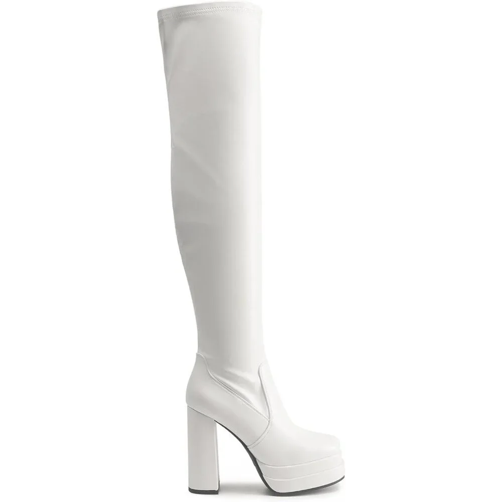 Women's White Polyurethane (PU) Square Toe Over The Knee Thigh High Long Boots